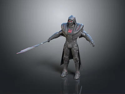 Hooded Warrior Character In Black Armor With Red Emblem And Sword 3d model