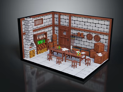Cartoon Kitchen Interior Scene With Stone Walls Wooden Cabinets Dining Table Chairs And Fireplace 3d model