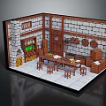 Cartoon Kitchen Interior Scene With Stone Walls Wooden Cabinets Dining Table Chairs And Fireplace