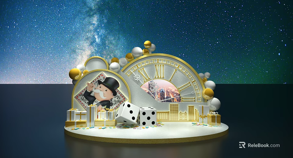 Starry Sky Themed Photo Spot With Gold White Decor Large Clock Dice And City Skyline 3d model 