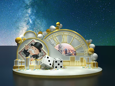 Starry Sky Themed Photo Spot With Gold White Decor Large Clock Dice And City Skyline 3d model