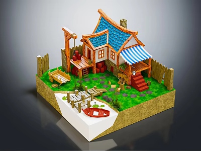 3D Cartoon Scene Featuring Cute House Blue Roof Striped Awning Wooden Fence And Small Boat 3d model