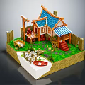 3D Cartoon Scene Featuring Cute House Blue Roof Striped Awning Wooden Fence And Small Boat