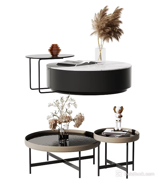 Modern Round Coffee Table With Marble Top Metal Frame And Decorative Items 3d model