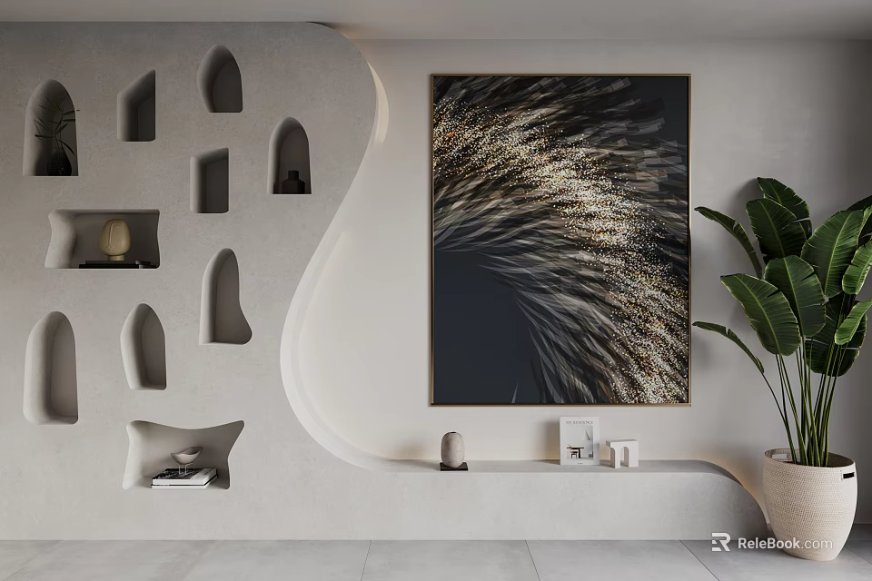 Abstract Painting In Modern Interior With Curved White Wall Hollow Decorative Niche And Green Plant 3d model 
