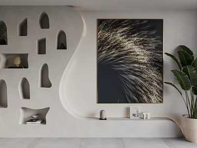 Abstract Painting In Modern Interior With Curved White Wall Hollow Decorative Niche And Green Plant 3d model