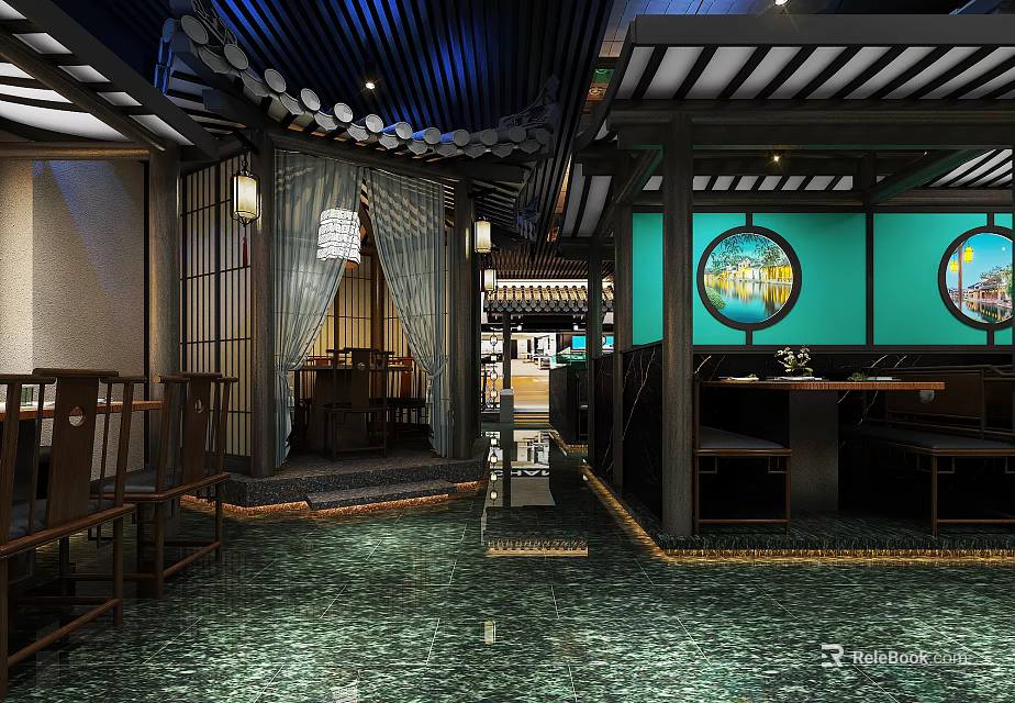 Traditional Chinese Restaurant Interior With Wooden Lanterns Round Windows And Marble Floors 3d model 