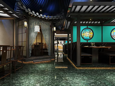 Traditional Chinese Restaurant Interior With Wooden Lanterns Round Windows And Marble Floors 3d model