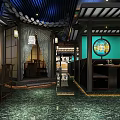 Traditional Chinese Restaurant Interior With Wooden Lanterns Round Windows And Marble Floors