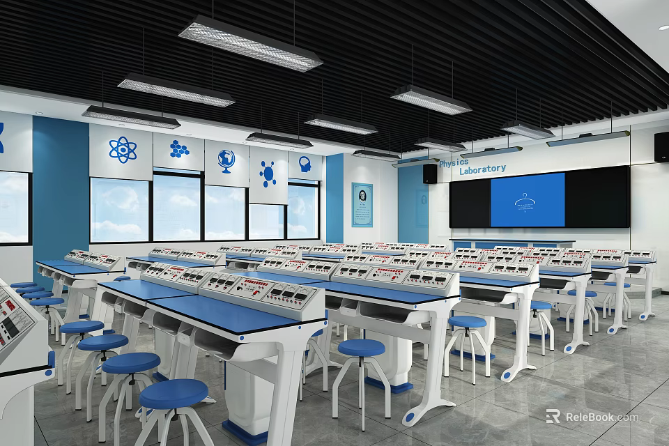 Modern Science Laboratory Interior With Blue Tables Stools Atomic Models And Large Screen 3d model