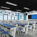 Modern Science Laboratory Interior With Blue Tables Stools Atomic Models And Large Screen 3d model
