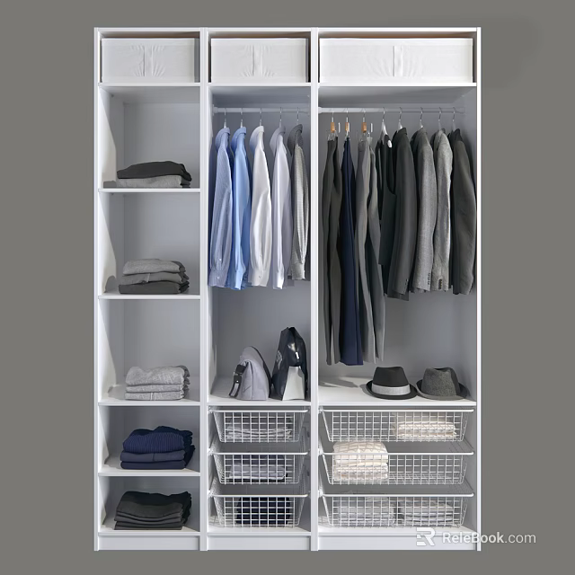 Open Wardrobe Organized With Hanging Shirts Coats Folded Clothes And Storage Baskets 3d model 