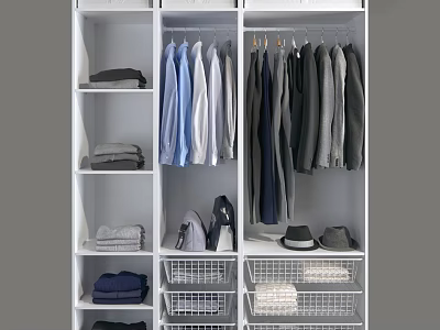 Open Wardrobe Organized With Hanging Shirts Coats Folded Clothes And Storage Baskets 3d model