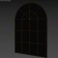 Arched Iron Frame Mirror in Bedroom Reflecting Bed Nightstand and Wooden Floor