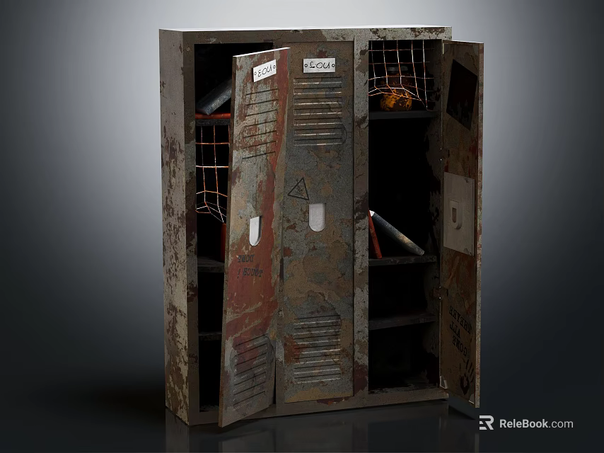 Old Rusty Metal Wardrobe With Open Doors And Internal Shelves And Compartments 3d model 