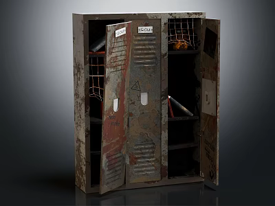Old Rusty Metal Wardrobe With Open Doors And Internal Shelves And Compartments 3d model