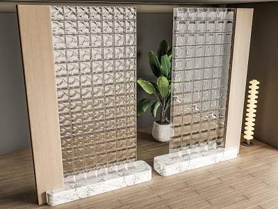 Glass Partition With Grid Design Wooden Frame Marble Base And Green Plant For Modern Interior 3d model