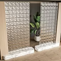 Glass Partition With Grid Design Wooden Frame Marble Base And Green Plant For Modern Interior
