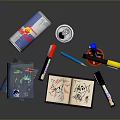 Electronic Stationery Set With Colored Pens Notebook And Red Bull Can