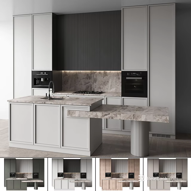 Modern Kitchen Interior Design With White Cabinets Marble Countertop And Island Appliances 3d model 