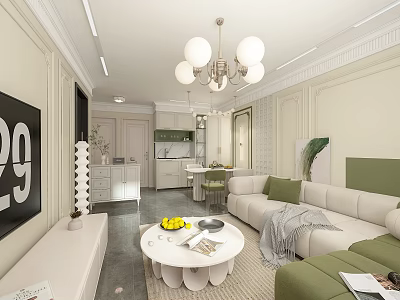 Modern Living And Dining Room With White Sofa Green Cushions Round Coffee Table And Chandelier 3d model