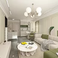Modern Living And Dining Room With White Sofa Green Cushions Round Coffee Table And Chandelier