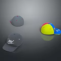 Trendy Baseball Caps In Gray And Multicolor Designs With Stylish Logos And Patterns 3d model