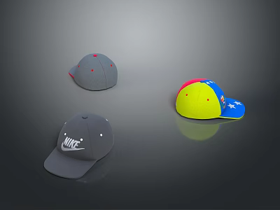 Trendy Baseball Caps In Gray And Multicolor Designs With Stylish Logos And Patterns 3d model
