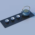 Tea Serving Set With Black Tray Blue Teapot And White Teacups 3d model