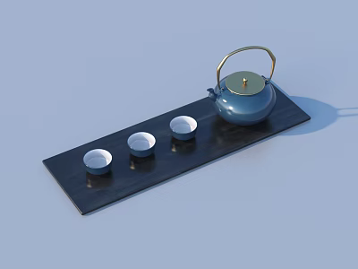 Tea Serving Set With Black Tray Blue Teapot And White Teacups 3d model