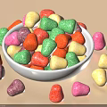 Sugar Coated Colorful Candies In White Bowl With Scattered Shapes