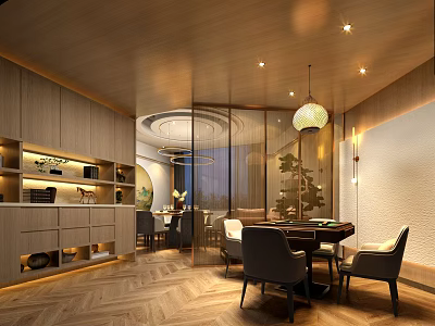 Modern Private Dining Room Interior With Wooden Decor Glass Partitions Round Table And Pendant Light 3d model