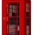 Classic Red Public Telephone Booth With Glass Panels And Yellow Button