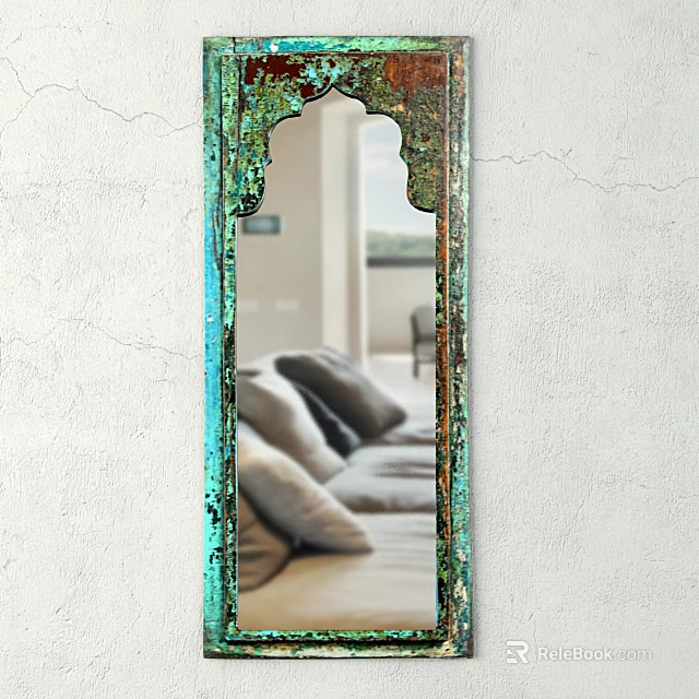 Decorative Green Ornate Frame Mirror Reflecting Living Room Sofa And Pillows 3d model 