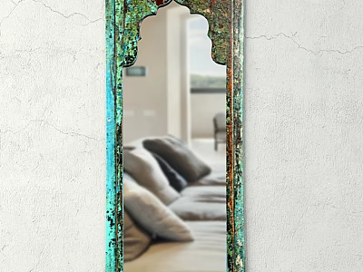 Decorative Green Ornate Frame Mirror Reflecting Living Room Sofa And Pillows 3d model