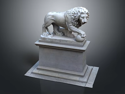 Classic Lion Sculpture Standing On Stone Pedestal With Intricate Carving And Decorative Ball 3d model