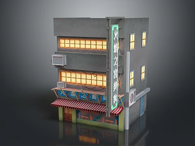 Cartoon Scene Of Two Story Building With Neon Sign Red Striped Awning And Lit Windows 3d model