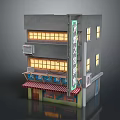 Cartoon Scene Of Two Story Building With Neon Sign Red Striped Awning And Lit Windows