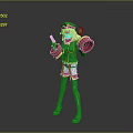 Game Movie Character With Blonde Hair In Green Red Outfit Holding Horn And Boots