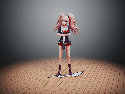 Game And Movie Character Featuring Pink Twin Tails Black Red Uniform Standing On Wooden Floor 3d model