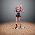 Game And Movie Character Featuring Pink Twin Tails Black Red Uniform Standing On Wooden Floor