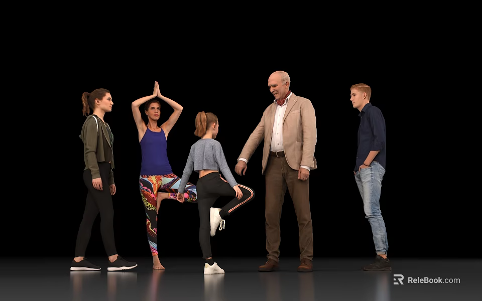 Group of people interacting with yoga pose and standing in casual attire indoors 3d model 