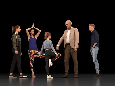 Group of people interacting with yoga pose and standing in casual attire indoors 3d model