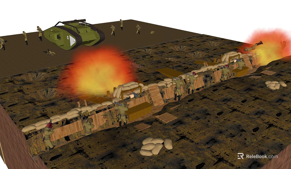 Military Trench Road Defense Facilities With Sandbags Soldiers Flames And Armored Vehicle 3d model 