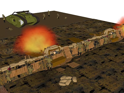 Military Trench Road Defense Facilities With Sandbags Soldiers Flames And Armored Vehicle 3d model