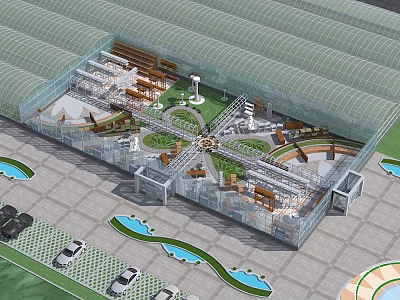 Industrial Factory With Transparent Glass Roof Internal Complex Structure And Parking Areas Water Pools Around 3d model