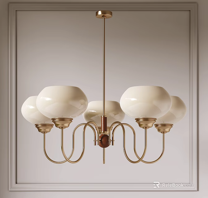 Minimalist Modern Chandelier With White Spherical Lampshades And Golden Metal Frame On Light Colored Wall 3d model 