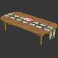 Oval Shaped Wooden Dining Table With Blue And White Patterned Tablecloth And Decorative Bowl