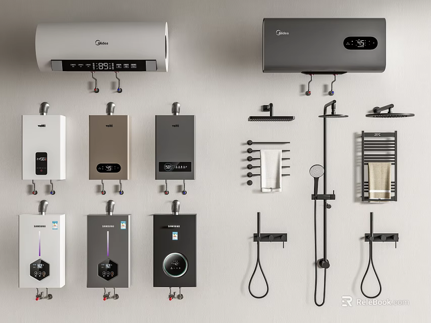 Daily Electrical Appliances Featuring Wall Mounted Water Heaters and Various Shower Accessories 3d model 