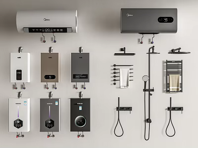 Daily Electrical Appliances Featuring Wall Mounted Water Heaters and Various Shower Accessories 3d model